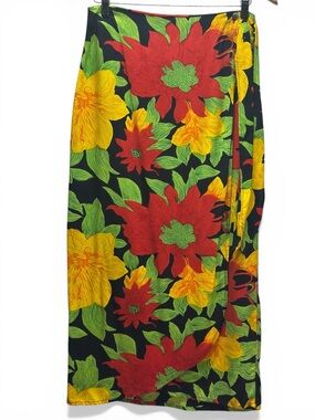 Feelings Ladies Wear Vtg 1990s Wrap Skirt Big Floral Yellow Red Grn. Blk. Lg